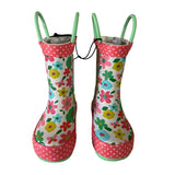 Pair of colorful floral-patterned rain boots with pink polka dot trim on a white background
