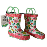 Floral-patterned rain boots with pink polka dot trim on a white background