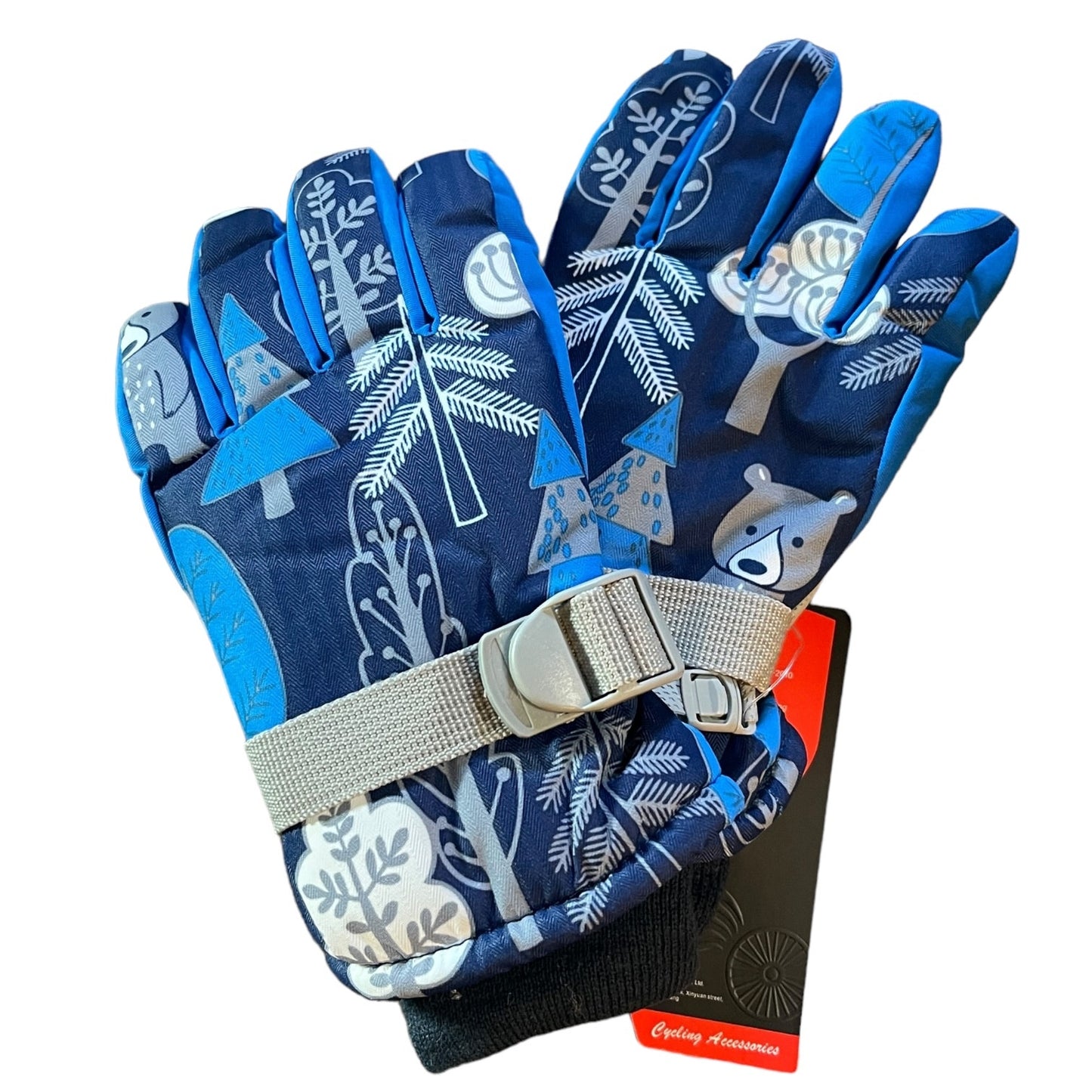 Pair of blue gloves with a pattern on a white background