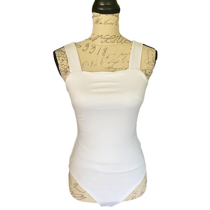 White bodysuit on a mannequin with a white background