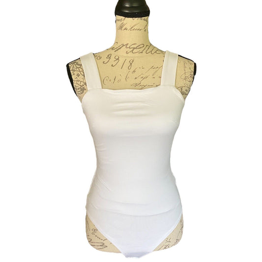 White bodysuit on a mannequin with a white background