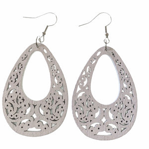 front of white wood drop earrings with silver hooks