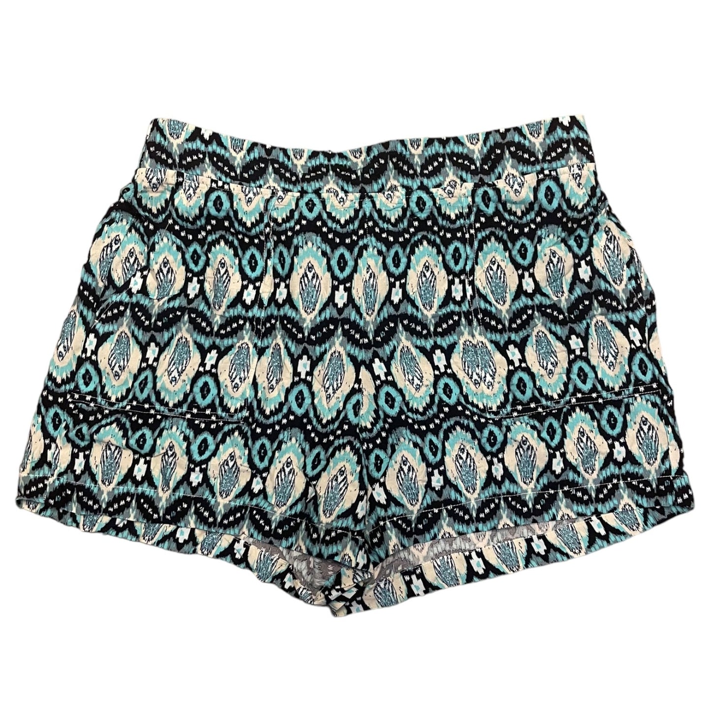 A pair of women's shorts featuring an all-over geometric and paisley-style displayed flat against a solid white background.
