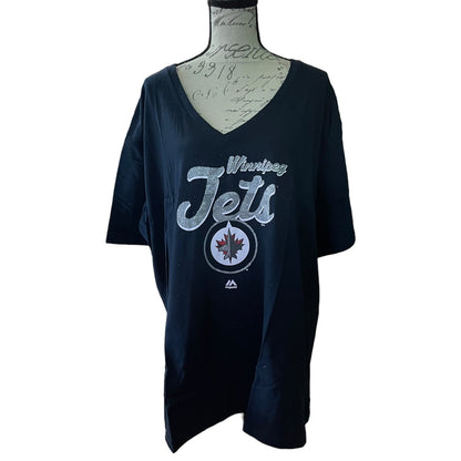 Front of blue t-shirt with Winnipeg Jets logo on a mannequin against a white background