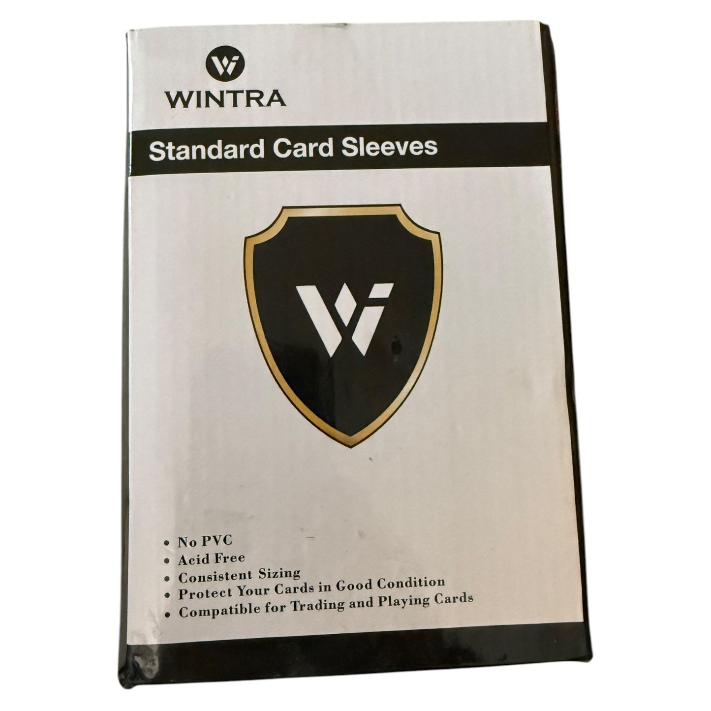 Pack of Wintra standard card sleeves with branding and product details on a white background