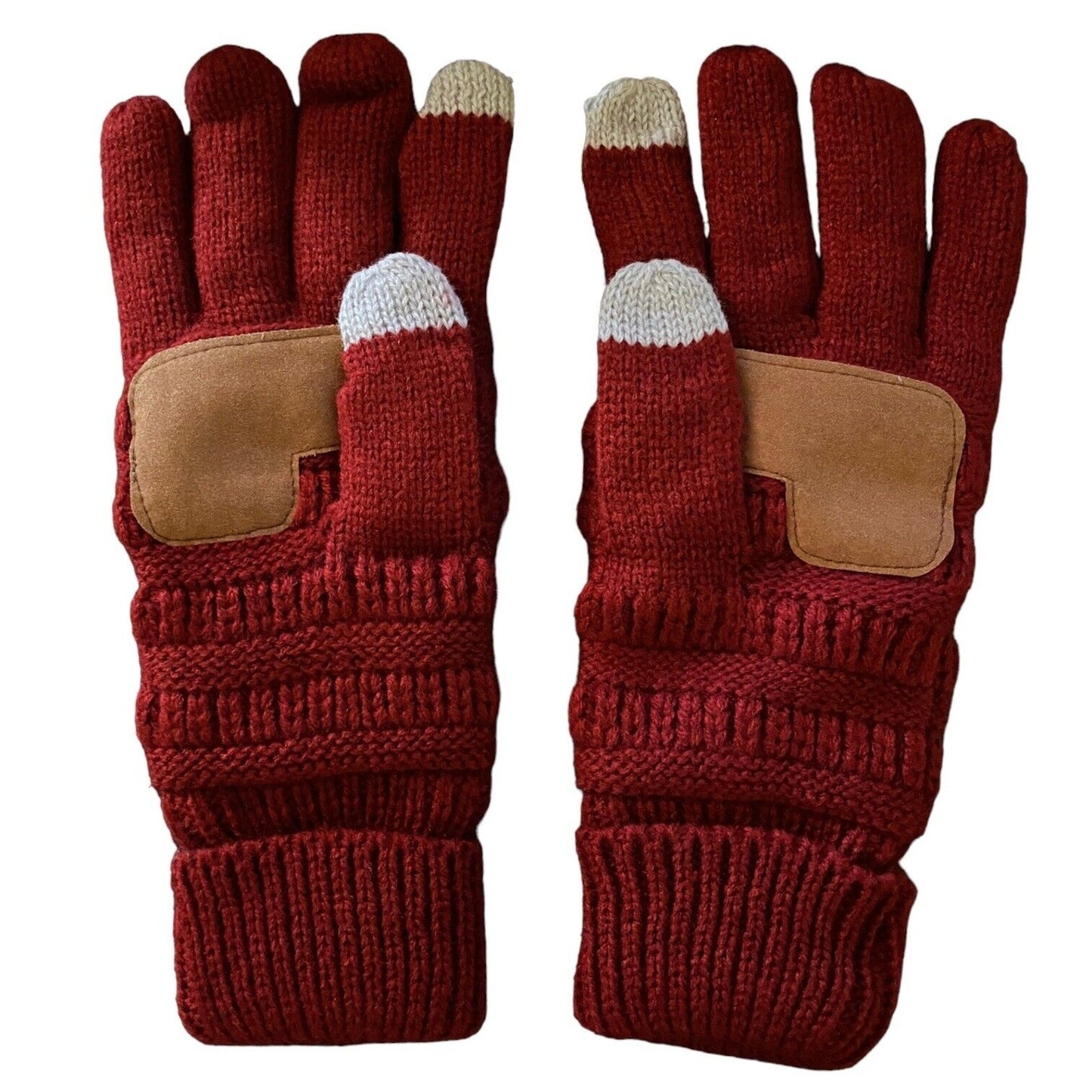 A pair of dark red knit winter gloves with tan faux leather patch protectors on the back of the hands and white-tipped touchscreen-compatible fingertips, shown against a plain white background.