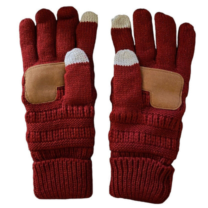 A pair of dark red knit winter gloves with tan faux leather patch protectors on the back of the hands and white-tipped touchscreen-compatible fingertips, shown against a plain white background.