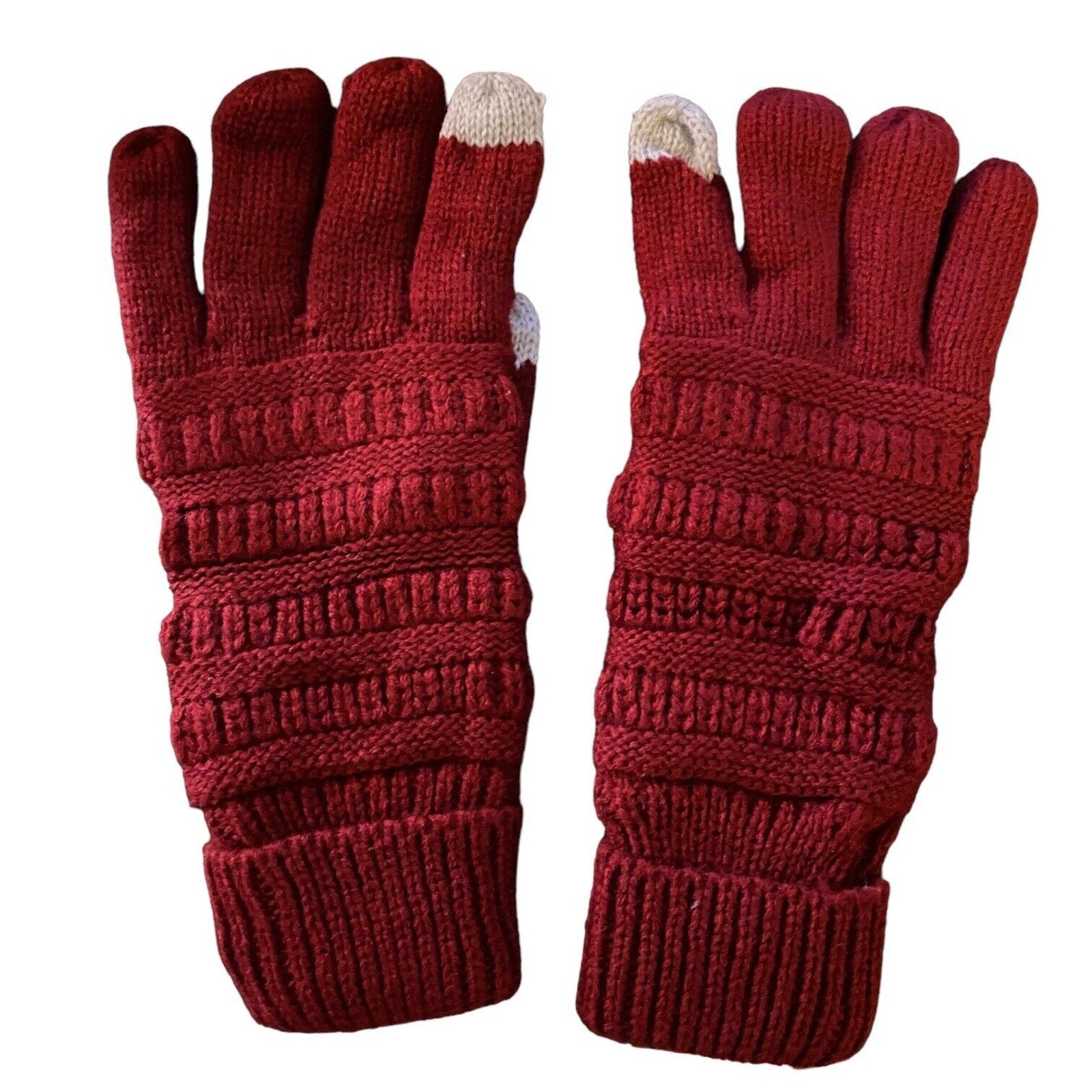 A pair of dark red ribbed knit touchscreen gloves with light beige fingertips, shown against a plain white background.