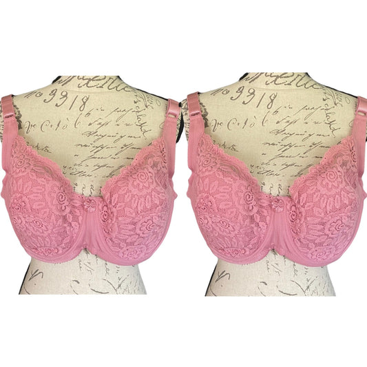Pink bra set on a mannequin with a vintage-style background