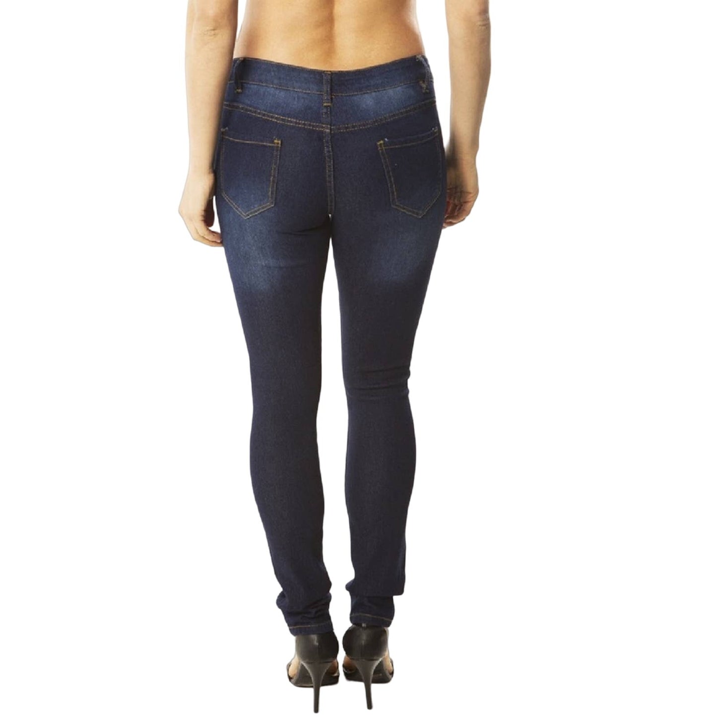 Back of Dark blue jeans worn by a person on a white background