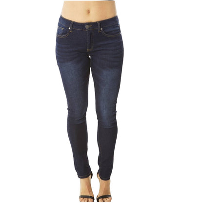 A pair of blue skinny jeans with front and back pockets, displayed on a model without showing the upper part of the body.