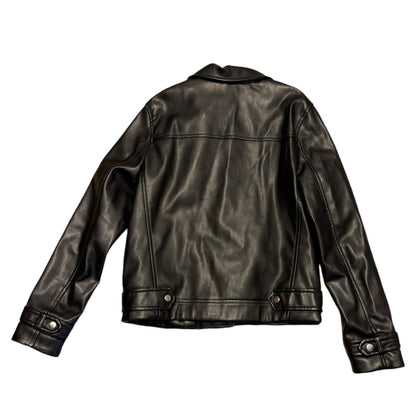 Back of black faux leather jacket on a white background