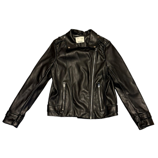 Front of black faux leather jacket on a white background