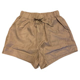 Brown shorts with an elastic waistband on a white background