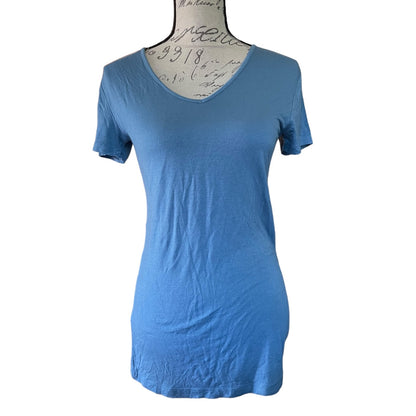 A blue short-sleeve V-neck t-shirt displayed on a dress form mannequin against a white background.
