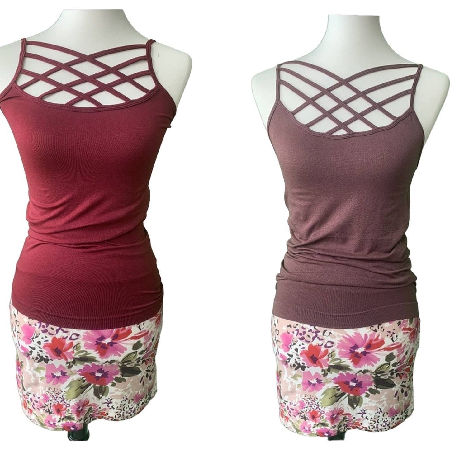 Two tank tops with criss-cross design on mannequins with floral skirts