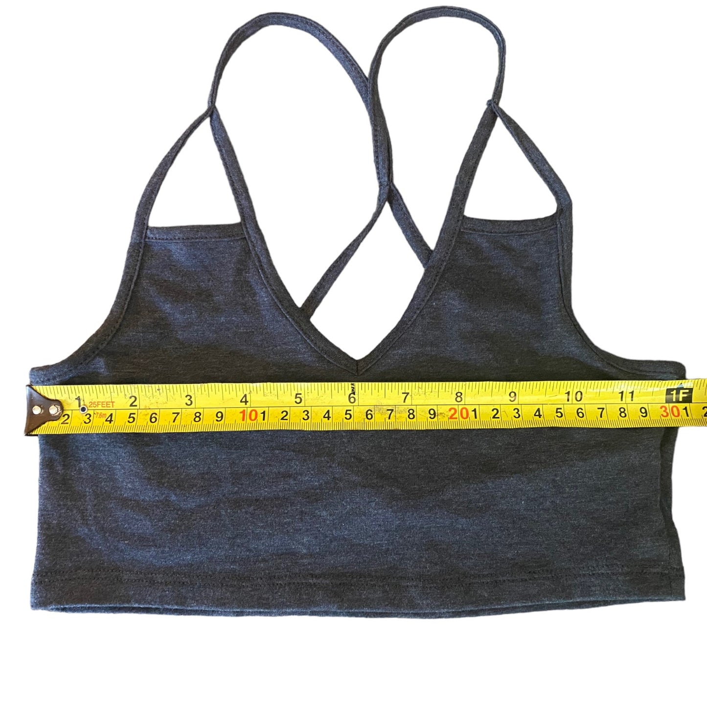 Gray tank top with a yellow measuring tape on a white background